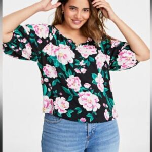 On 34th Women's Elbow-Length Ballon- Sleeve Top Floral Black Top medium